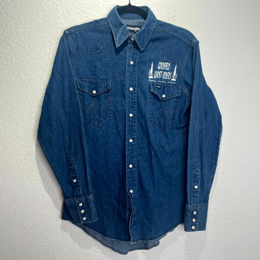 Vintage Wrangler Dress Shirt Mens XLT 15-33 Blue Goldfield Ghost Riders Western
